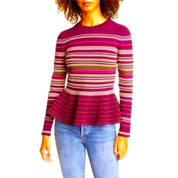 NWT TED BAKER London Leytina Burg Gold Metallic Peplum Sweater 2 MSRP $189 - Picture 1 of 8